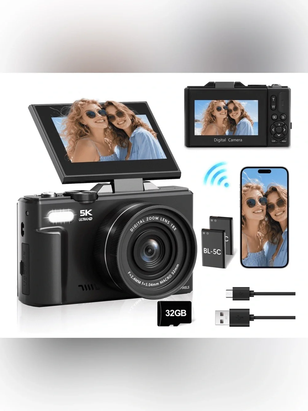Brand New 5K Digital Camera – WiFi, 75MP, 18X Zoom, Flip Screen (Black)